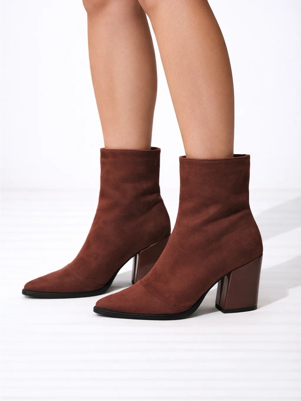 Women’s Beige Pointed Toe Block Heel Ankle Boots